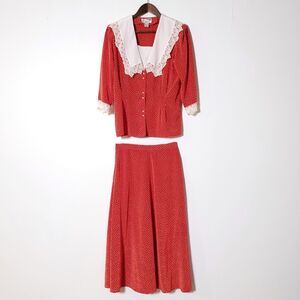 80s 70s Vintage Polka-Dot Lace Shawl Collar Skirt Set 2 Piece